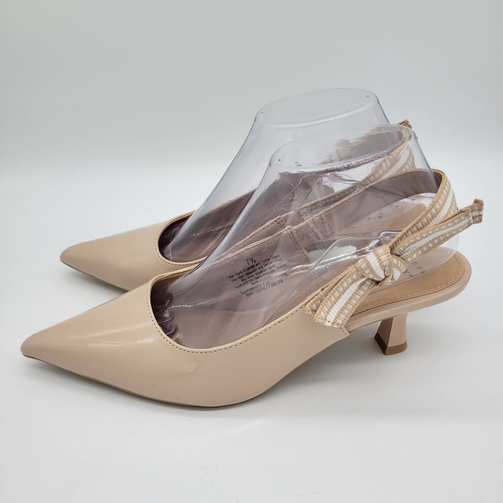 NWT Womens Beige Patent Slingback Kitten Heel Bow Pumps 7.5 Coquette Neutral